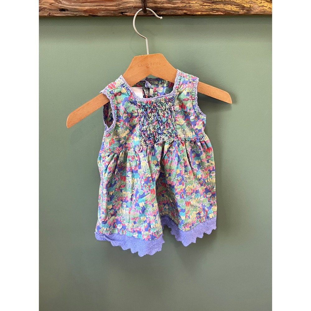 April Cornell Girls Floral Smocked Beaded Cotton Dress Purple Eyelet 6-12M